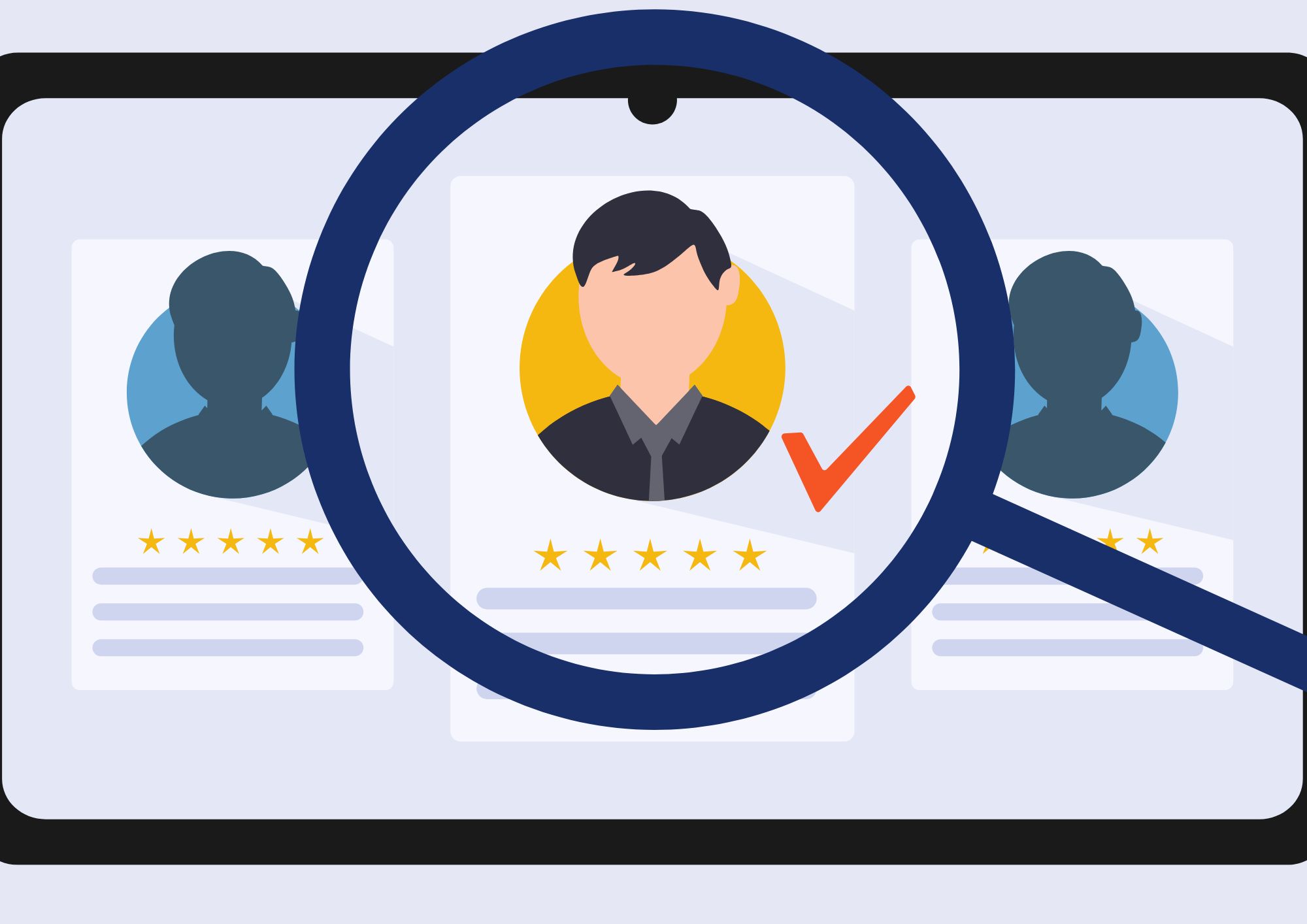 Graphic of a magnifying glass focused on the profile of one person with 5 stars